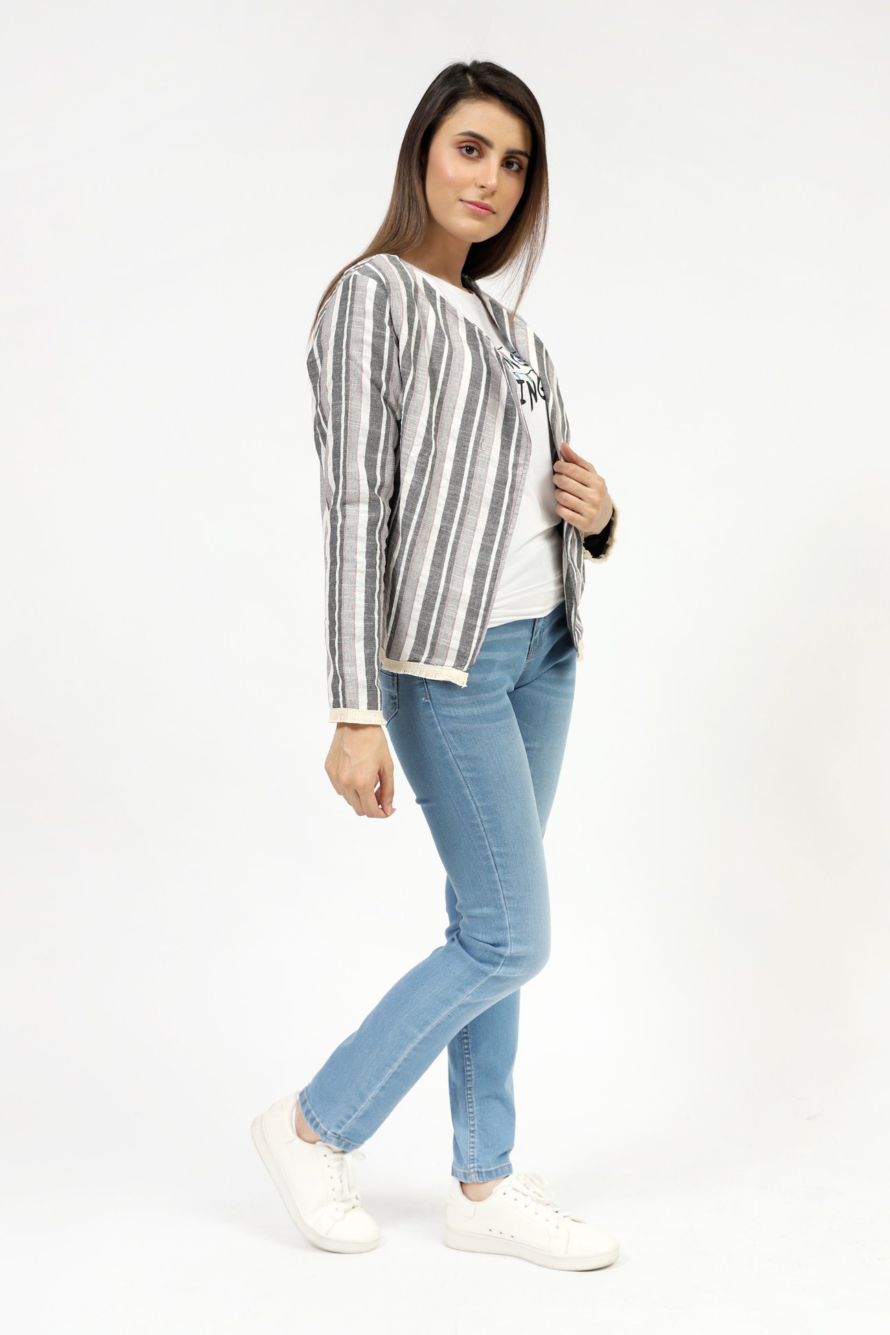 Striped Jacquard Jacket With Frilled Lace